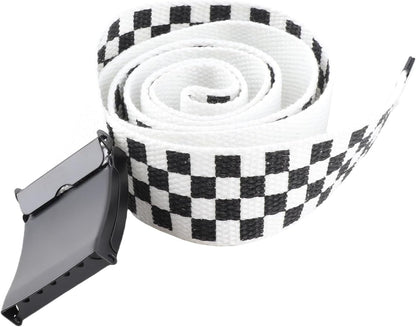 HOTClassic Checkered Canvas Belt, 43" Adjustable Length, Black and White Grid Strap with Military Style Metal Buckle, Cut to Size Punk Rock Flip Top Casual Belt for Daily Fashion Outfit Decoration