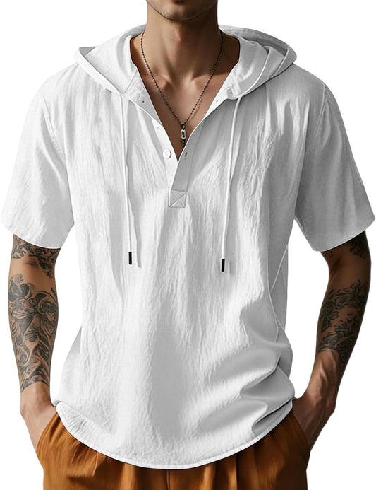 HOTMen's Cotton Linen Shirts Short Sleeve Casual Button Down Hoodies Summer Hawaiian Beach Top with Drawstring