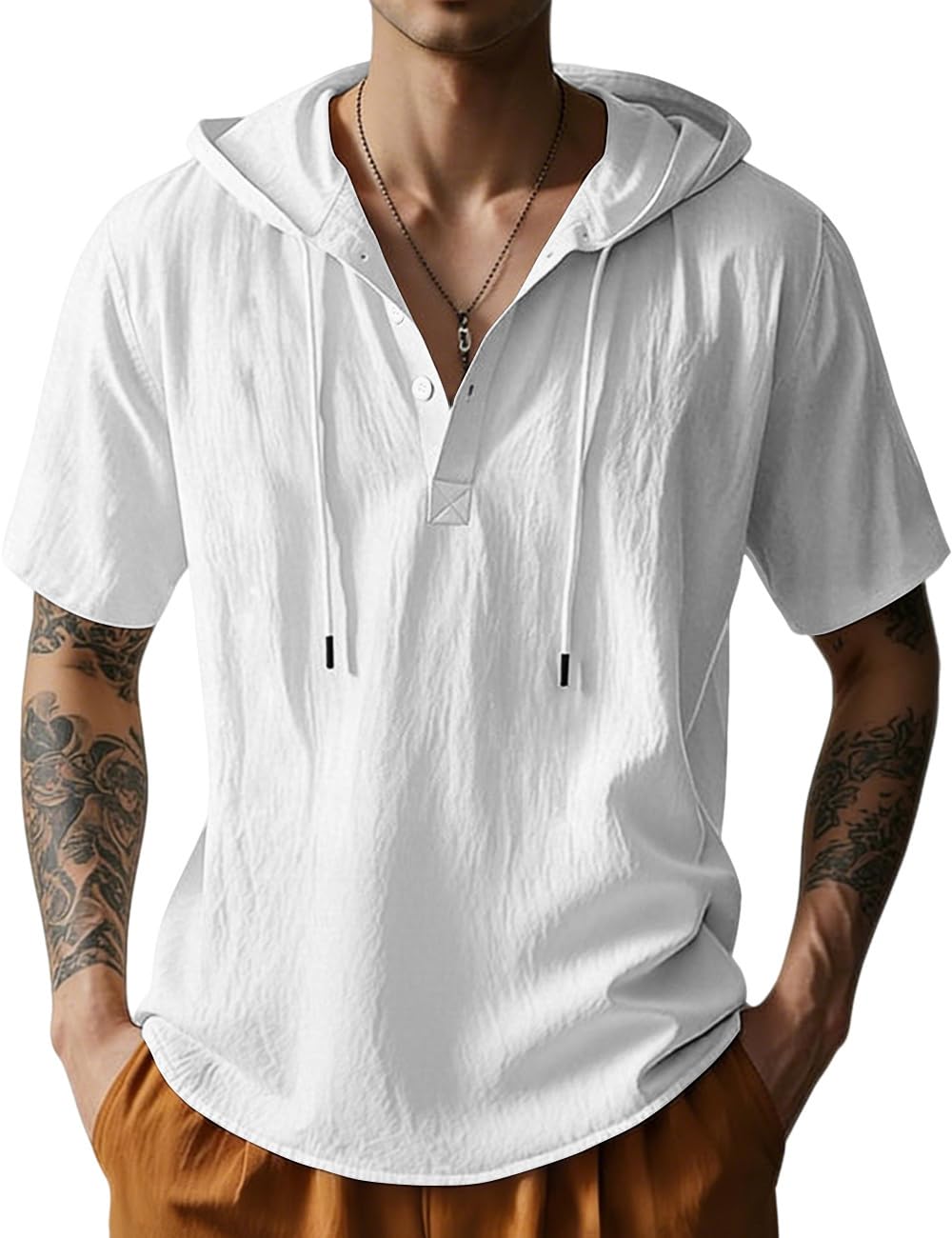 HOTMen's Cotton Linen Shirts Short Sleeve Casual Button Down Hoodies Summer Hawaiian Beach Top with Drawstring