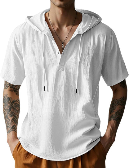 HOTMen's Cotton Linen Shirts Short Sleeve Casual Button Down Hoodies Summer Hawaiian Beach Top with Drawstring
