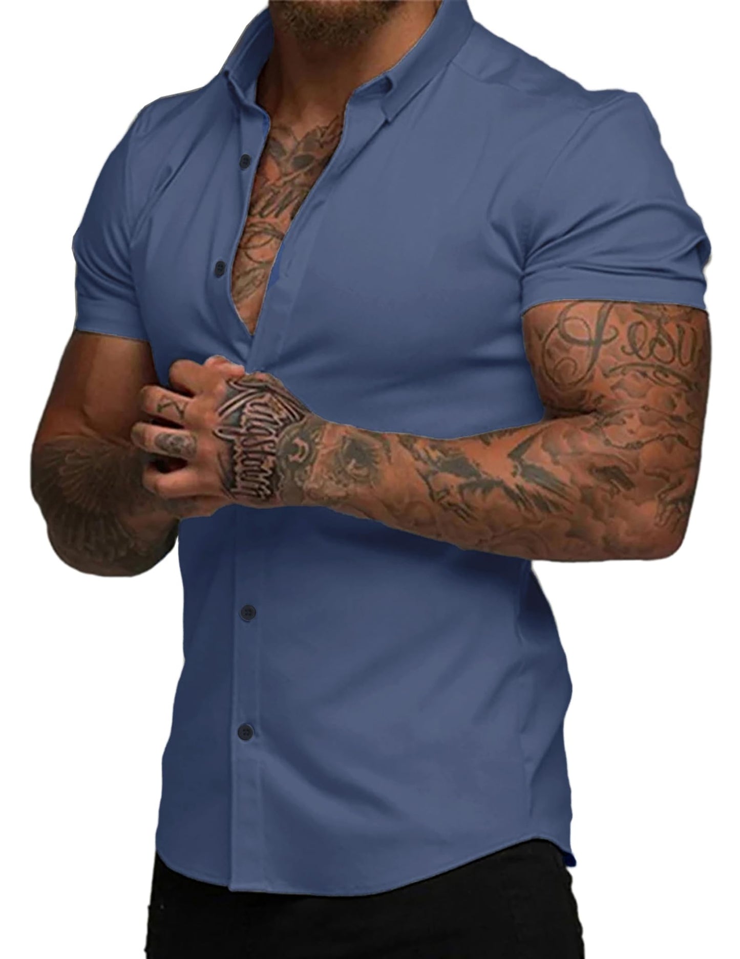 HOTJMIERR Men's Muscle Fit High Stretch Wrinkle-Free Button Down Dress Shirts Summer Casual Short Sleeve Shirt