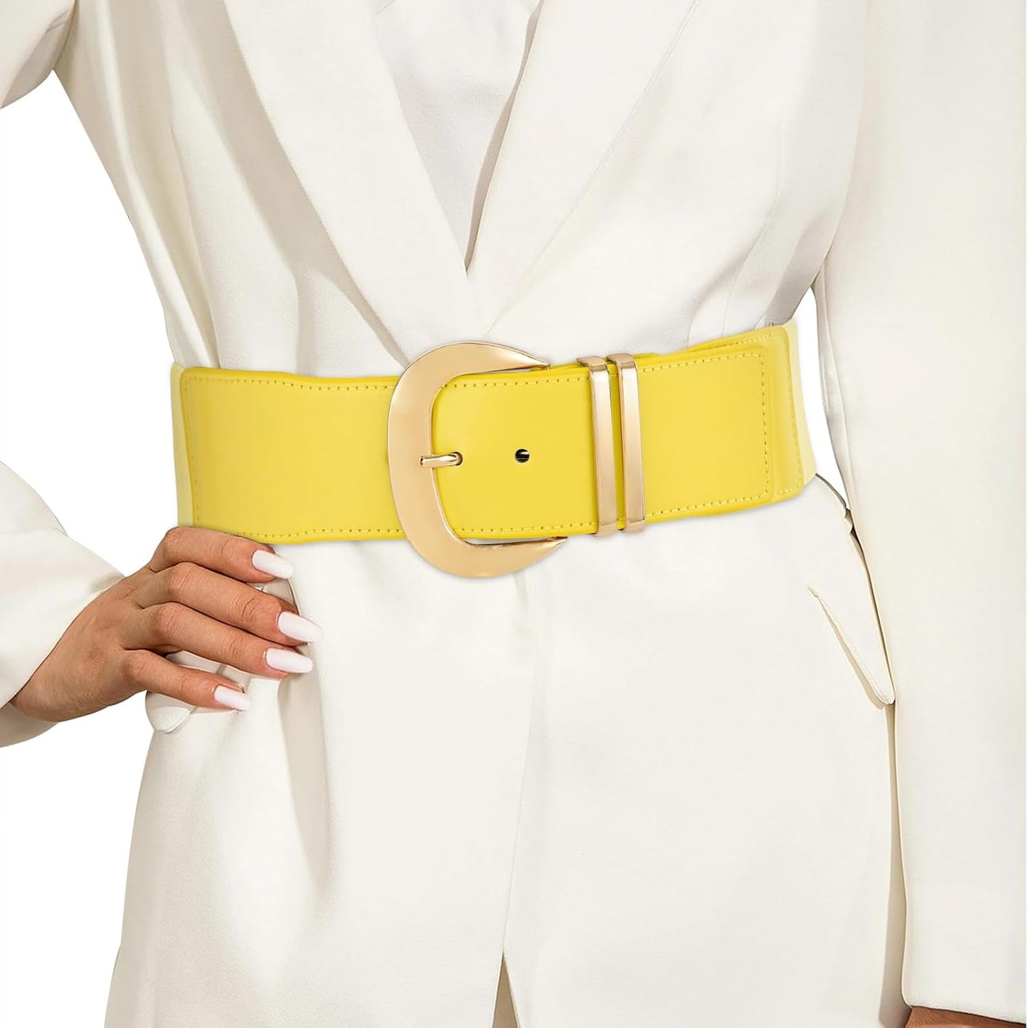 HOTWHIPPY Women Wide Elastic Waist Belt for Dresses Fashion Gold Buckle Stretchy Leather Waistband for Ladies