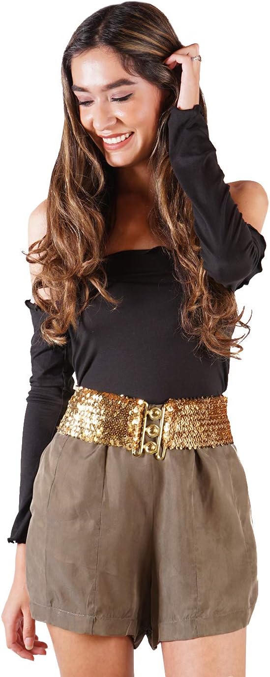 HOTAnna-Kaci Women's Sparkly Glitter Sequin Wide Stretch Elastic Belt Accessory
