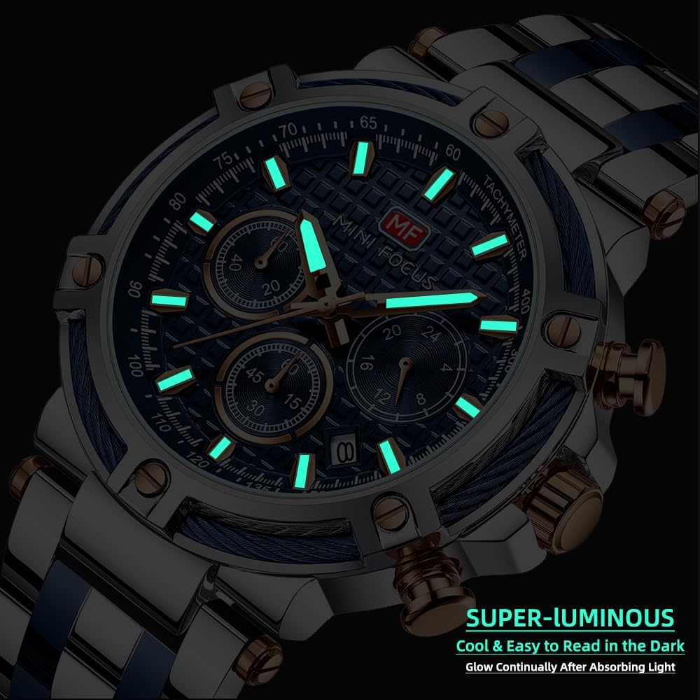 HOTMF MINI FOCUS Business Men Watches (Chronograph/Waterproof/Luminous/Calendar/24 Hours) Big Face Stainless Steel Band Watches for Men