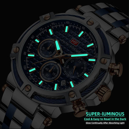 HOTMF MINI FOCUS Business Men Watches (Chronograph/Waterproof/Luminous/Calendar/24 Hours) Big Face Stainless Steel Band Watches for Men