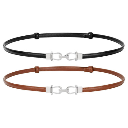HOTJASGOOD Leather Skinny Belts for Women Plus Size Ladies Thin Waist Belts Adjustable for Jeans Pants Dresses with Gold Buckle