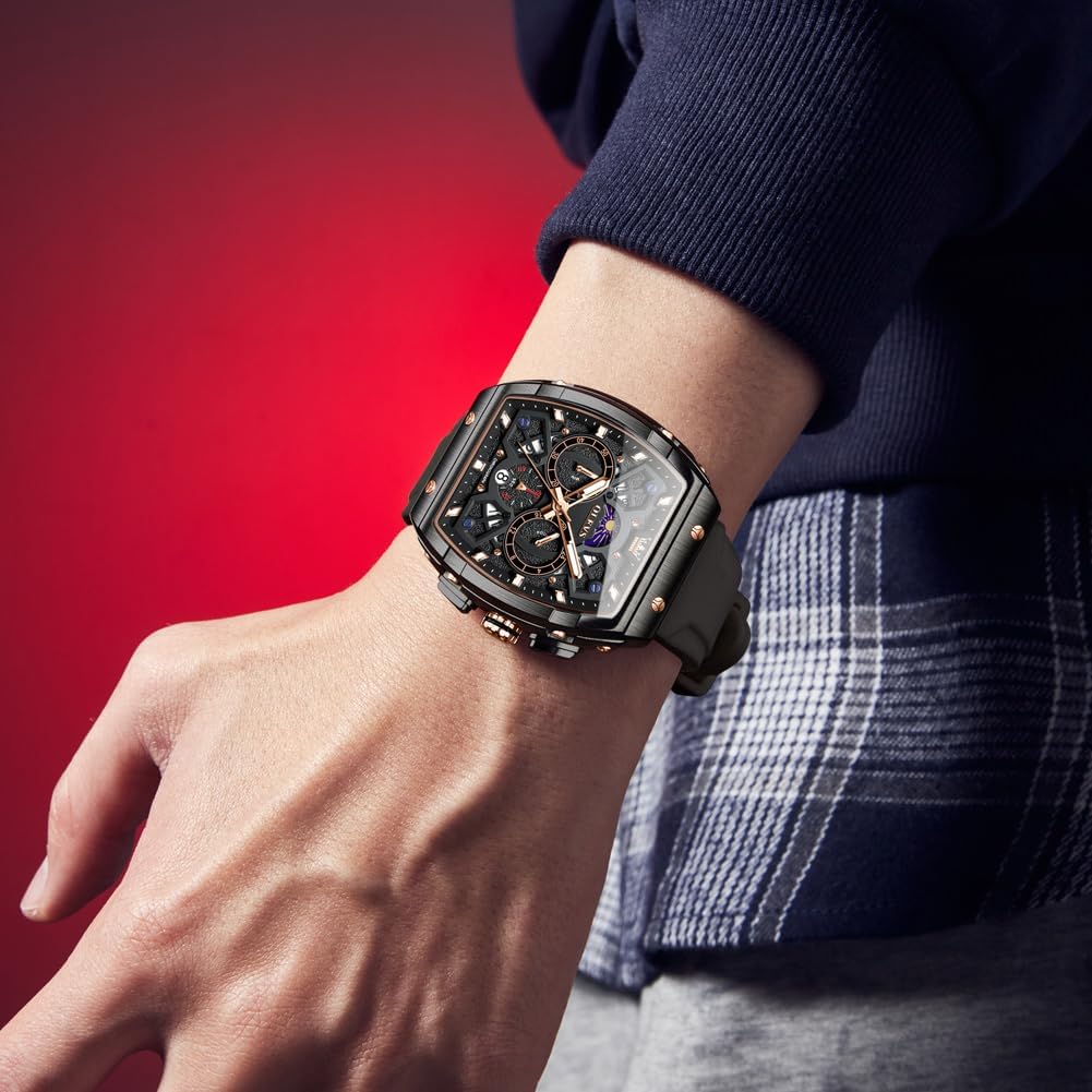 HOTOLEVS Tonneau Square Mens Watches, Fashion Large Face Silicone Band Watches for Men, Multifunctional Chronograph Quartz Men Waterproof Watch
