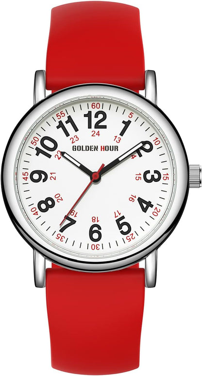 HOTGOLDEN HOUR Waterproof Nurse Watch for Medical Professionals, Students Women Men - Military Time Luminouse Easy Read Dial, 24 Hour with Second Hand, Colorful Silicone Band