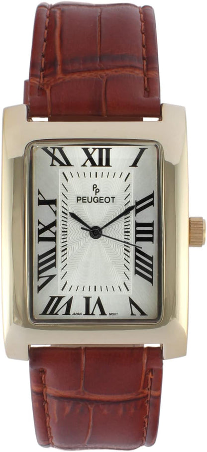 HOTPeugeot Men's Vintage Tank 14K Gold Plated Roman Numeral Leather Watch