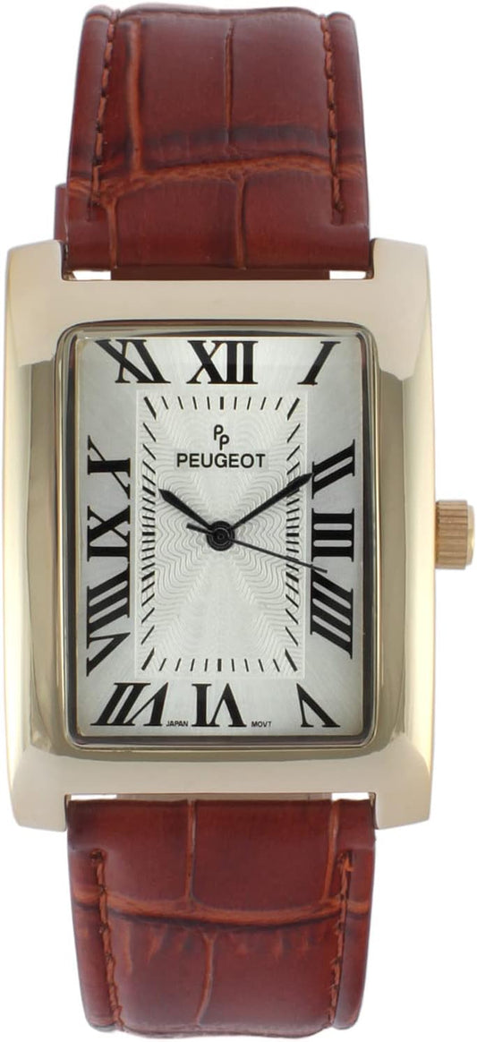 HOTPeugeot Men's Vintage Tank 14K Gold Plated Roman Numeral Leather Watch