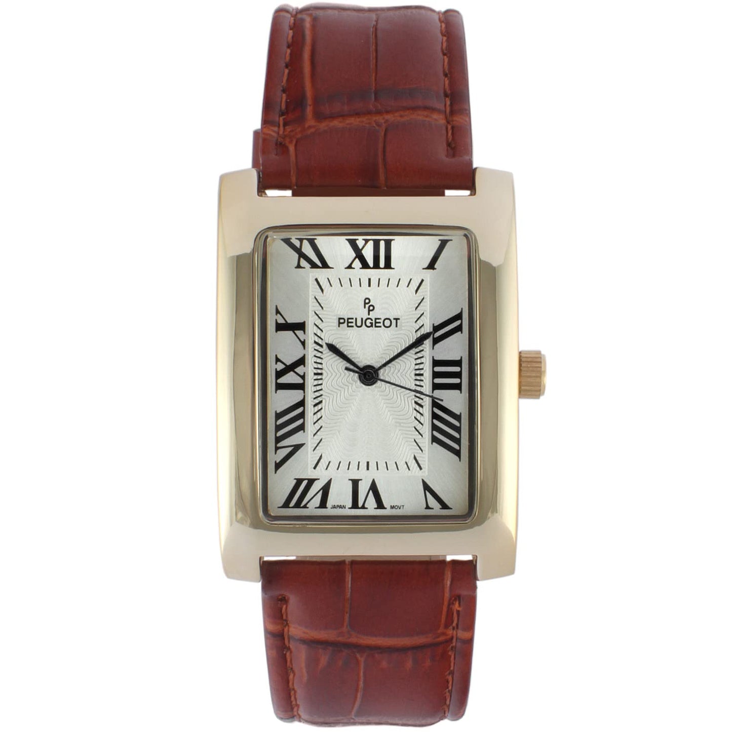HOTPeugeot Men's Vintage Tank 14K Gold Plated Roman Numeral Leather Watch