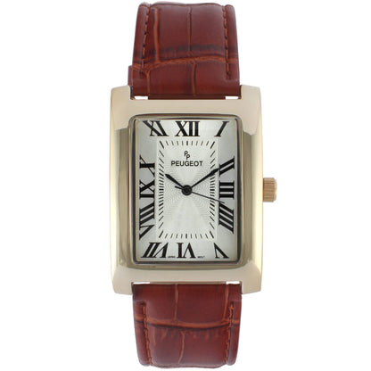 HOTPeugeot Men's Vintage Tank 14K Gold Plated Roman Numeral Leather Watch