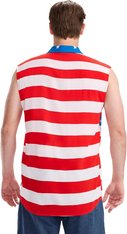 HOTTipsy Elves 4th of July Sleeveless American Flag Button Down Patriotic Shirt for Men - Men's USA Button Up Shirts for Men