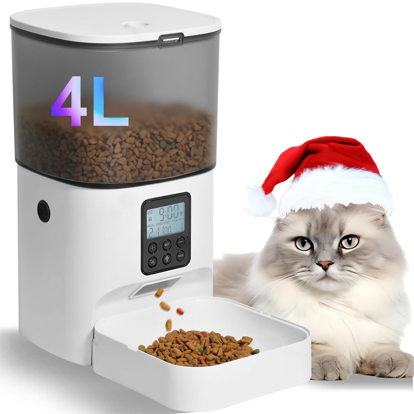 HOTANDOLL HOME Automatic Cat Feeder, 4L Cat Food Dispenser with 10s Voice Recorder, Pet Feeder up to 8 Meals per Day, Timed Dog Feeder with Dry Food Sealed Ring