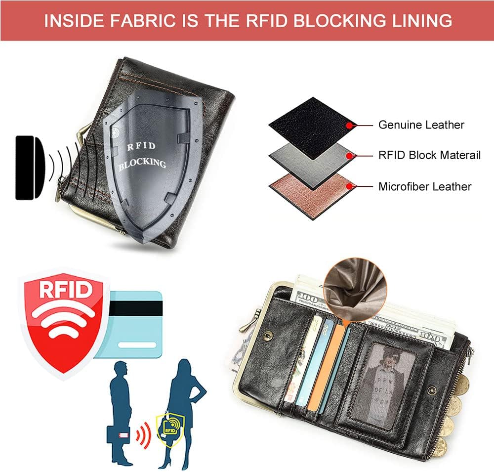HOTCONTACTS Full Grain Leather Kiss Lock Wallet for Women Small Zipper Coin Pocket Vintage Bifold Rfid Purse Card Holder with Photo Window