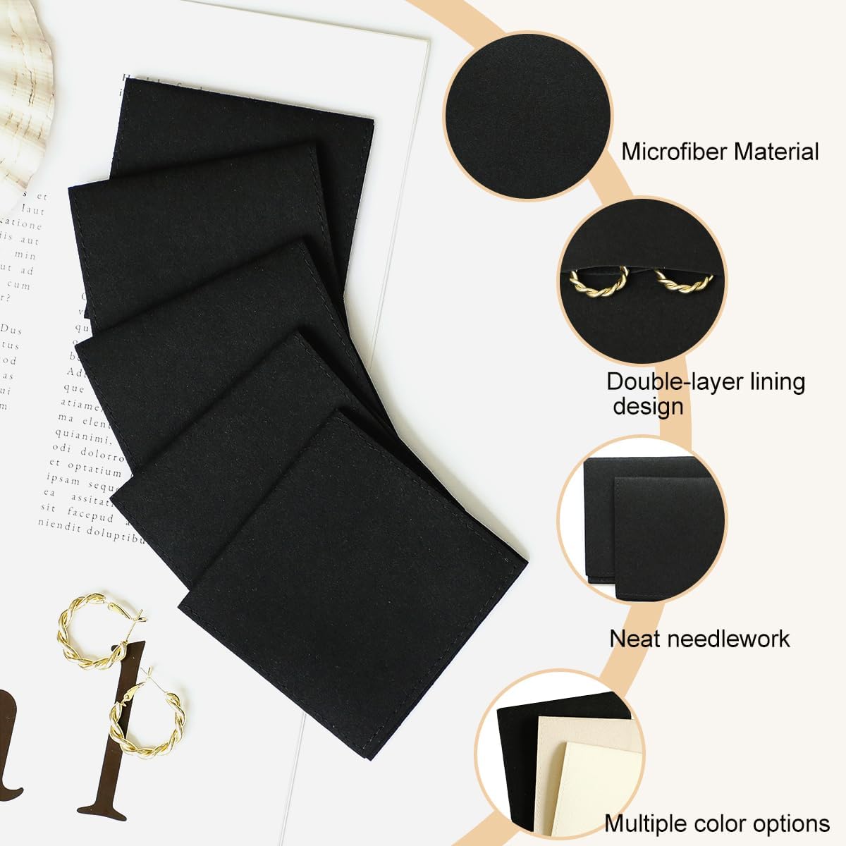 HOT40pcs Black Microfiber Jewelry Pouch 8 x 8cm Jewelry Packaging Bag Envelope Style Luxury Small Favor Bags Jewelry Gift Bags for Earrings Necklaces Bracelet Ring