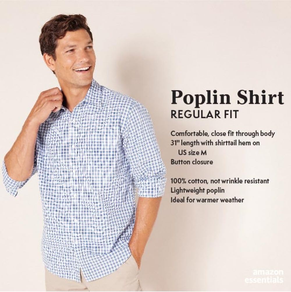 HOTAmazon Essentials Men's Regular-Fit Long-Sleeve Casual Poplin Shirt, Button Front, Business Casual, Collared