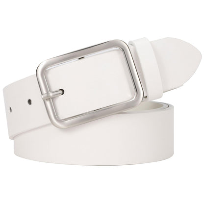 HOTWERFORU Women Classic Black Leather Belt With Square Silver Buckle For Jeans Pants,1.3" width