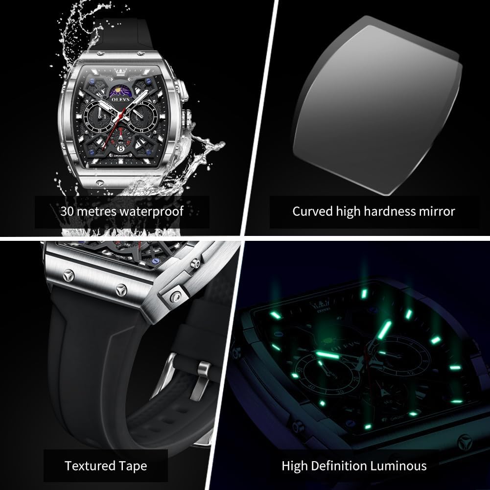 HOTOLEVS Watch Men Luxury Casual Square Skeleton Chronograph Watches