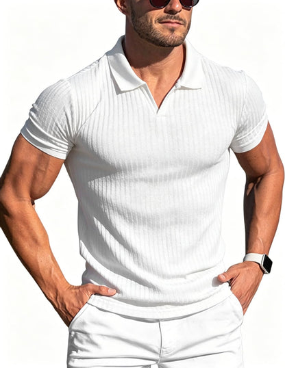 HOTMen's Muscle V Neck Polo Shirts Slim Fit Short Long Sleeve Cotton Golf T-Shirts Ribbed Knit Soft Tees