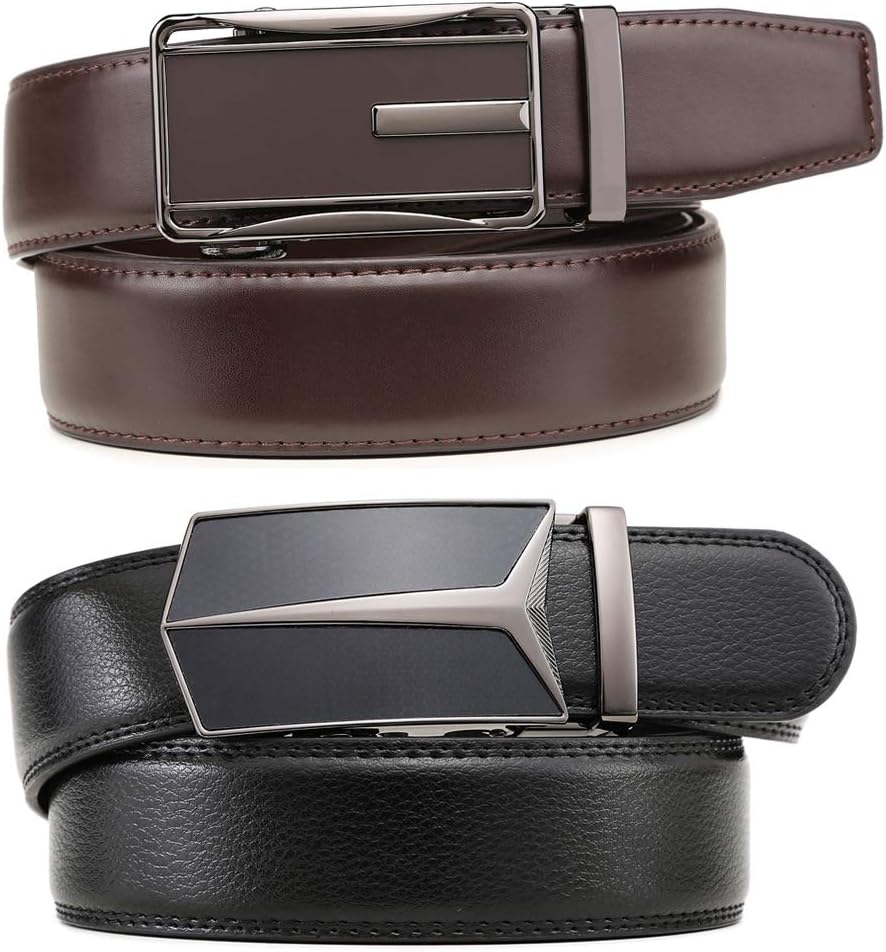 HOTFounders & C Mens Belt 2 Pack,Leather Ratchet Click Belt Dress with Slide Buckle 1 3/8" in Gift Set Box- Size Adjustable