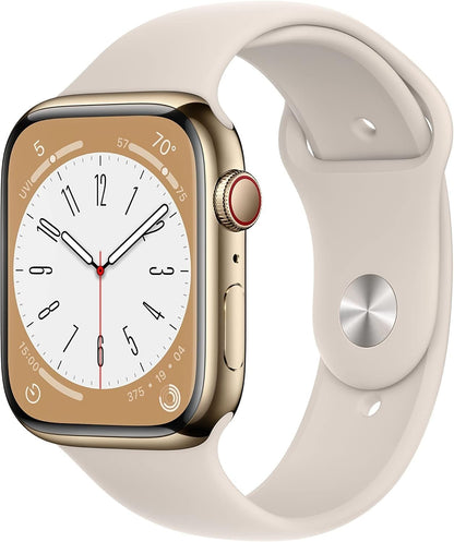 HOTApple Watch Series 8 (GPS + Cellular, 45mm) - Gold Stainless Steel Case with Starlight Sport Band (Renewed)