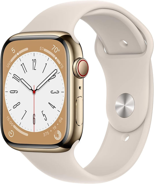 HOTApple Watch Series 8 (GPS + Cellular, 45mm) - Gold Stainless Steel Case with Starlight Sport Band (Renewed)