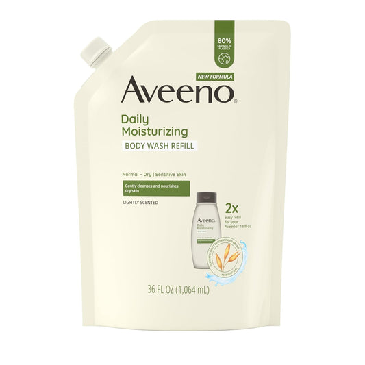 HOTAveeno Daily Moisturizing Body Wash for Sensitive Skin + Prebiotic Oat, Gently Cleanses, Nourishes & Feels Moisturizing Dry Skin, Light Fragrance, Refill Pouch, 36 fl. oz