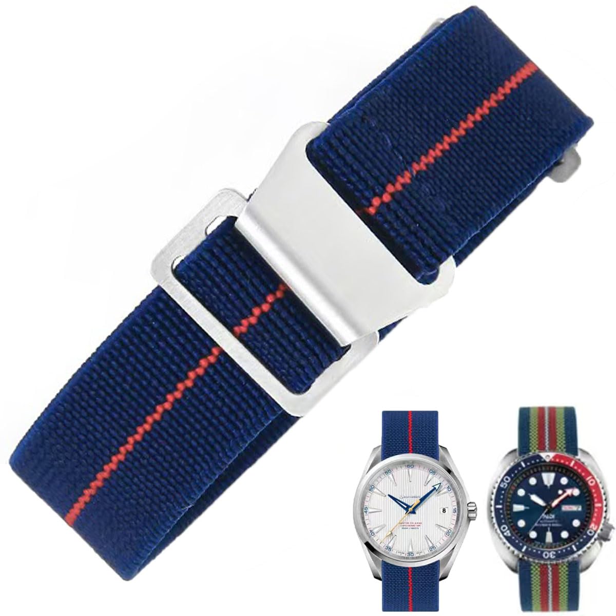 HOTFrench Troops Paratrooper Watchband,Military Elastic Nylon Watch Strap with Hook-and-Loop for Men Women Silver & Black Buckle 18/20/22mm