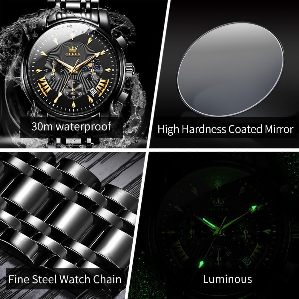 HOTOLEVS Mens Watches Luxury Waterproof Luminous Easy Read Chronograph Watches Full Gold/White Dail/Black Face with Calendar Wrist Watches