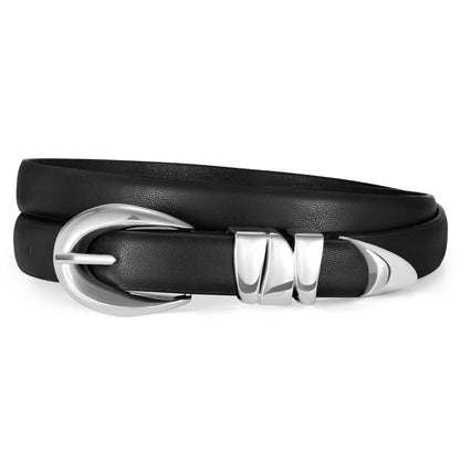 HOTXZQTIVE Women's Skinny Leather Belts Ladies Thin Waist Belts for Jeans Dress Pants Trendy Black Belt with Gold Buckle