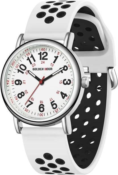 HOTGOLDEN HOUR Waterproof Nurse Watch for Medical Professionals, Students Women Men - Military Time Luminouse Easy Read Dial, 24 Hour with Second Hand, Colorful Silicone Band