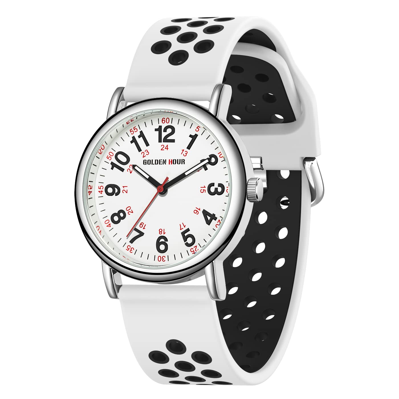 HOTGOLDEN HOUR Waterproof Nurse Watch for Medical Professionals, Students Women Men - Military Time Luminouse Easy Read Dial, 24 Hour with Second Hand, Colorful Silicone Band