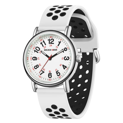 HOTGOLDEN HOUR Waterproof Nurse Watch for Medical Professionals, Students Women Men - Military Time Luminouse Easy Read Dial, 24 Hour with Second Hand, Colorful Silicone Band