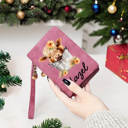 HOTCALLIE Personalized Wristlet Wallet with Cute Highland Cow Design and Name, PU Leather Credit Card Holder Wallet for Women, Travel Christmas Birthday Gift for Family Friend