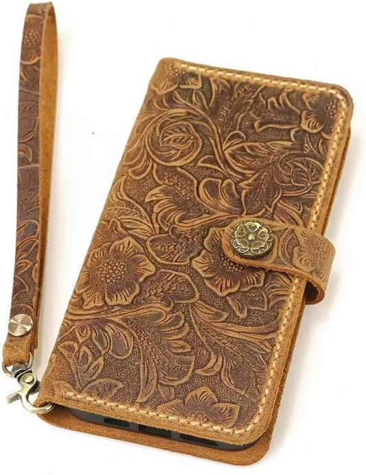 HOTWomen embossing leather wallet case for iPhone 17/16/15/14/13 pro,tooled leather,Hand-Sewn Saddle Stitch, 4 Card Slots, Wrist Strap, Snap Folio IP20MW-B