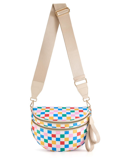 HOTBlack and White Checkered Crossbody Bag Bum Bag for Women,Spacious Checkered Purse Fanny Packs Belt Bag