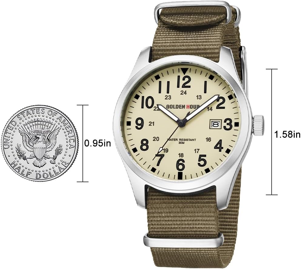 HOTGOLDEN HOUR Men's Nylon Slip-Thru Strap Watch with Military Time Easy Read Dial Glowing Hands