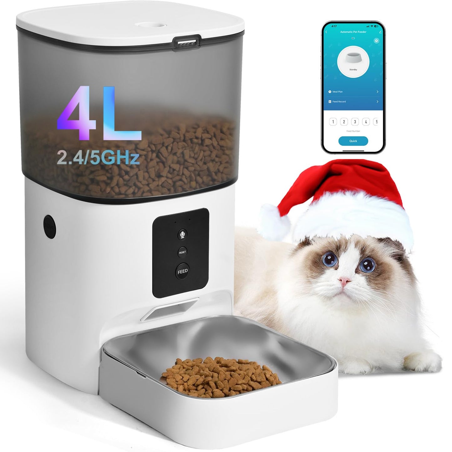 HOTANDOLL HOME Automatic Cat Feeder, 4L Cat Food Dispenser with 10s Voice Recorder, Pet Feeder up to 8 Meals per Day, Timed Dog Feeder with Dry Food Sealed Ring