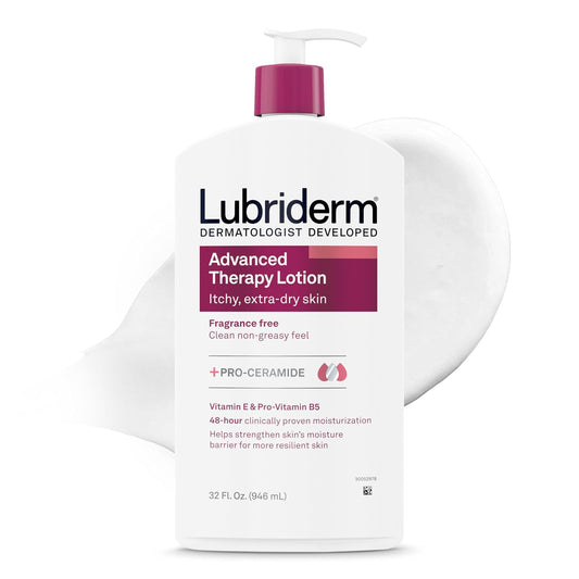 HOTLubriderm Advanced Therapy Body Lotion, Fragrance-Free Lotion for Extremely Dry Skin, Pro-Ceramide Hydration for Itchy, Dry, Sensitive Skin, Hand and Body Lotion, Non-Greasy, Hypoallergenic, 32 Fl Oz