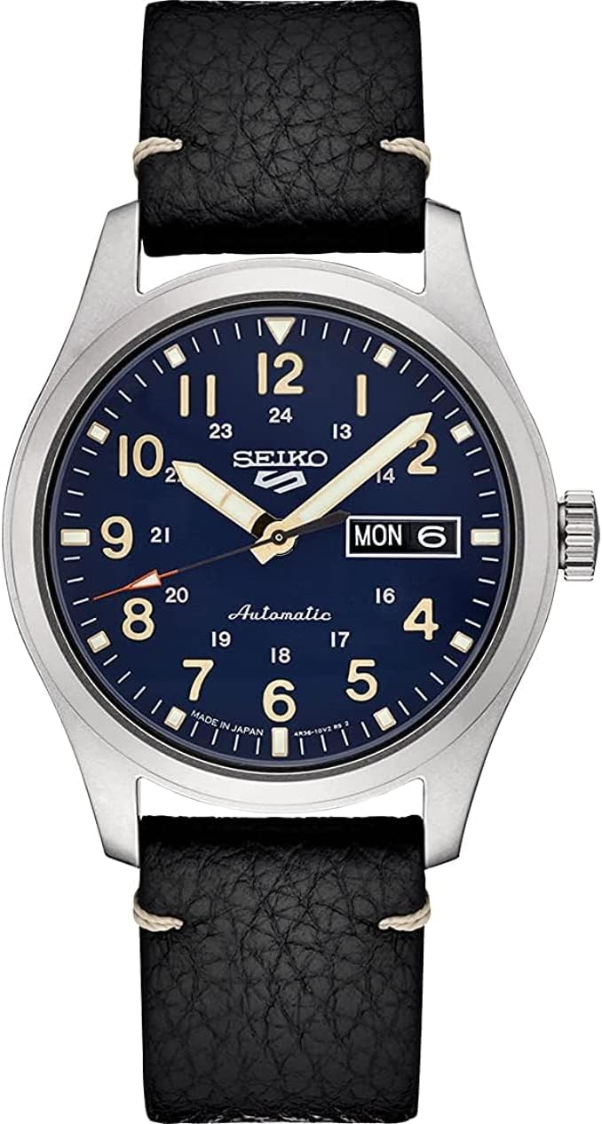 HOTSEIKO SRPG39 Watch for Men - 5 Sports - Automatic with Manual Winding Movement, Blue Dial, Stainless Steel Case, Black Leather Strap, 100m Water Resistant, and Day/Date Display