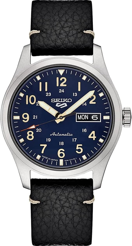 HOTSEIKO SRPG39 Watch for Men - 5 Sports - Automatic with Manual Winding Movement, Blue Dial, Stainless Steel Case, Black Leather Strap, 100m Water Resistant, and Day/Date Display