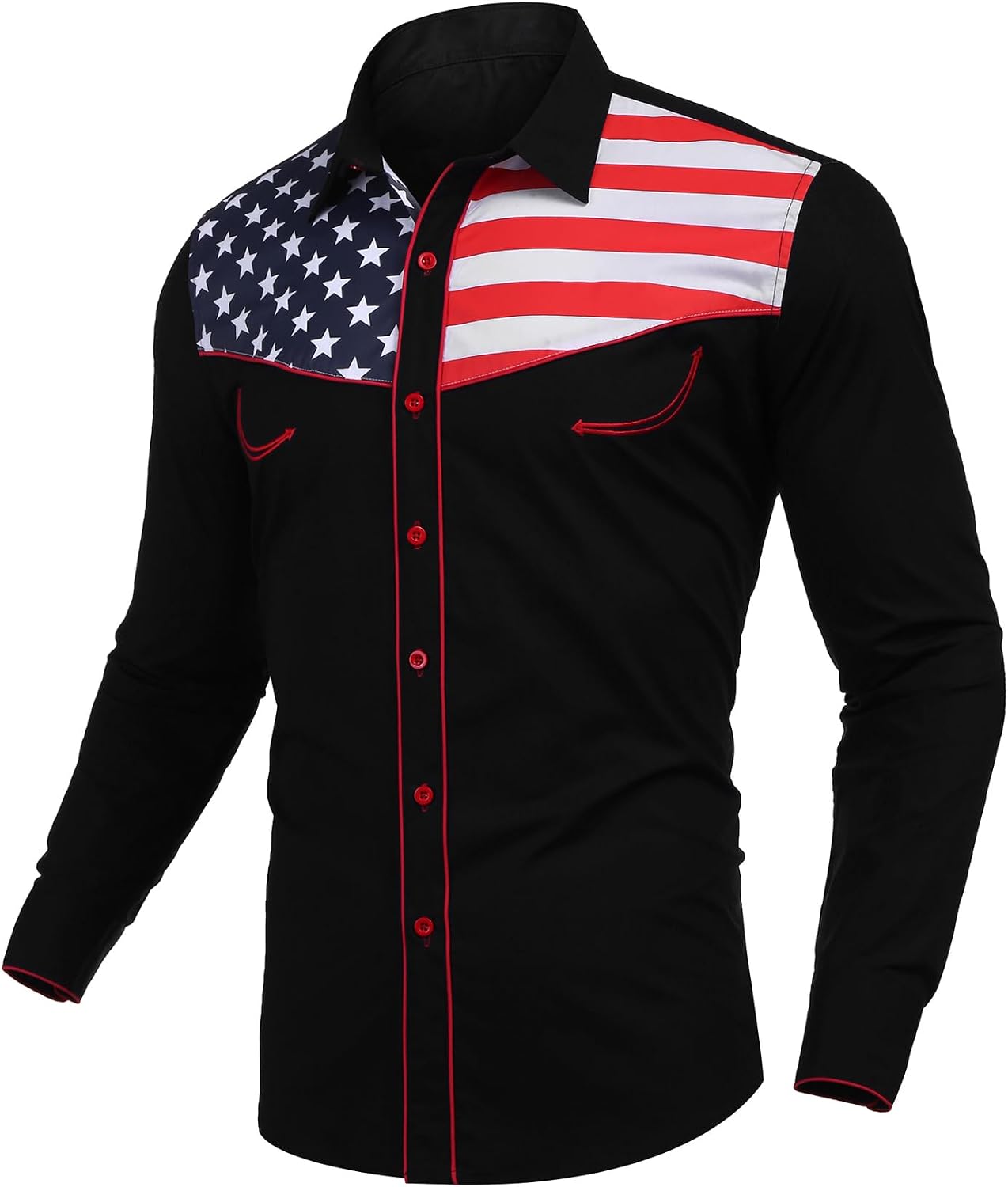 HOTCOOFANDY Men's American Flag Button Down Shirts Western Cowboy Shirt Slim Fit Patriotic Long Sleeve Shirt