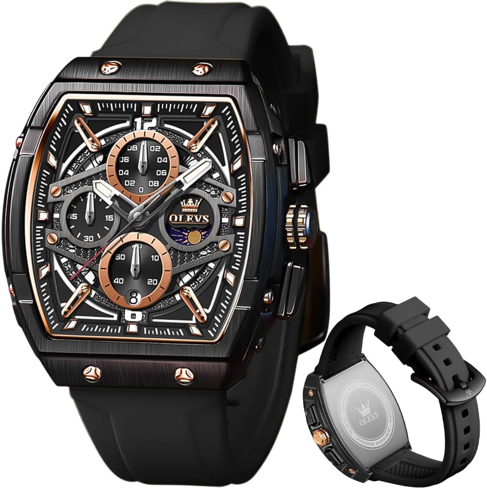 HOTOLEVS Men Watches Business Dress Chronograph Big Square Quartz Analog Male Watch Silicone Strap Waterproof Date Gift Mens Wrsit Watch Silver