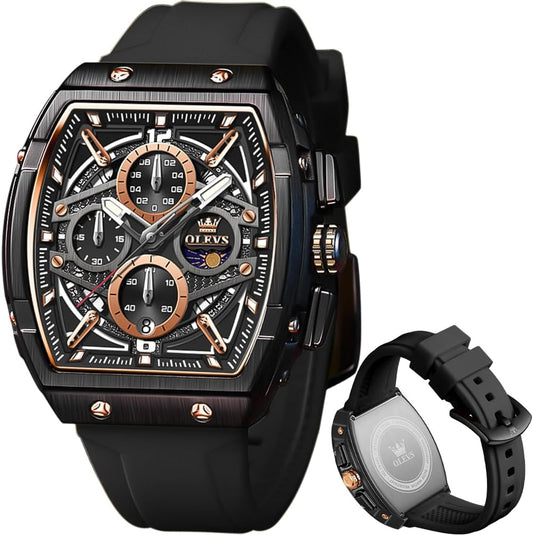 HOTOLEVS Men Watches Business Dress Chronograph Big Square Quartz Analog Male Watch Silicone Strap Waterproof Date Gift Mens Wrsit Watch Silver