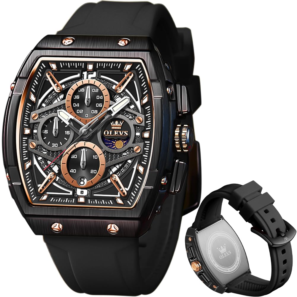 HOTOLEVS Men Watches Business Dress Chronograph Big Square Quartz Analog Male Watch Silicone Strap Waterproof Date Gift Mens Wrsit Watch Silver