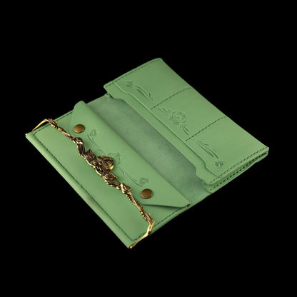 HOTElegant womens leather wallet with brass flower decorative clasp, bifold ladies clutch