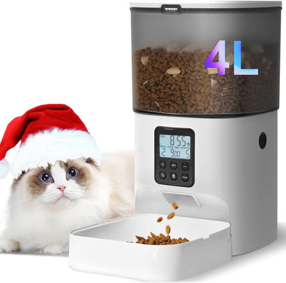 HOTANDOLL HOME Automatic Cat Feeder, 4L Cat Food Dispenser with 10s Voice Recorder, Pet Feeder up to 8 Meals per Day, Timed Dog Feeder with Dry Food Sealed Ring