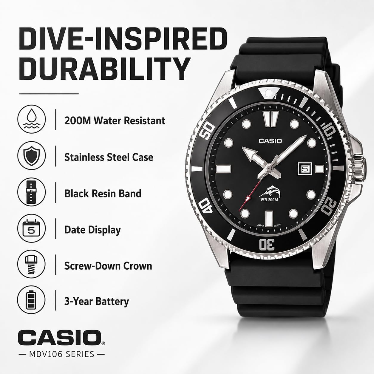 HOTCasio MDV106 Series | Unisex Analog Watch | 200M WR | Stainless Steel Case | Resin Band | 2 Hand Analog (HR, Min, SEC) | Date Display | Screw Down Crown/Screw Down Caseback | 3 Year Battery