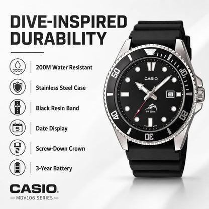 HOTCasio MDV106 Series | Unisex Analog Watch | 200M WR | Stainless Steel Case | Resin Band | 2 Hand Analog (HR, Min, SEC) | Date Display | Screw Down Crown/Screw Down Caseback | 3 Year Battery